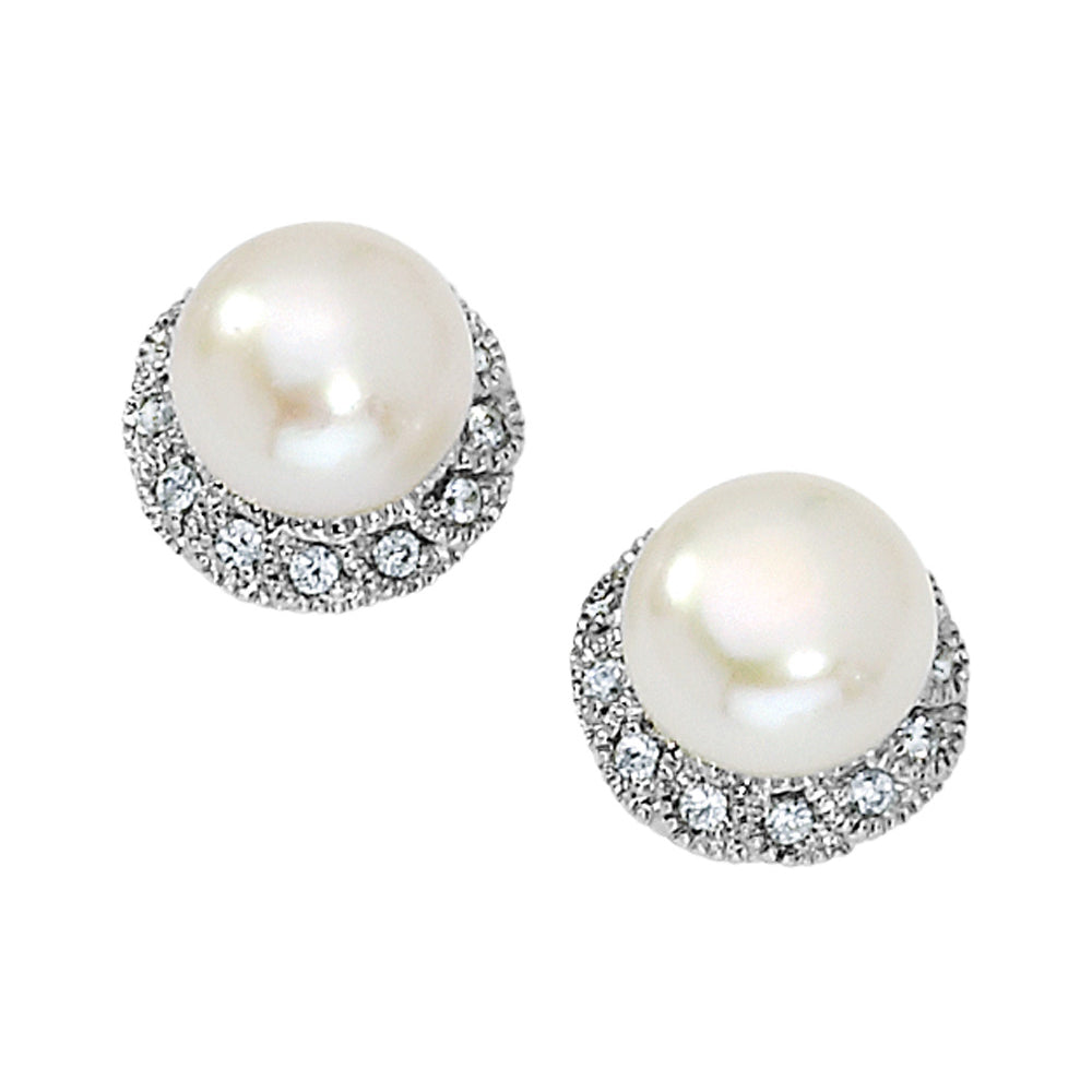 Freshwater Cultured White Pearl Earrings with Synthetic Cubic Zirconia (CZ) in Sterling Silver Image 2