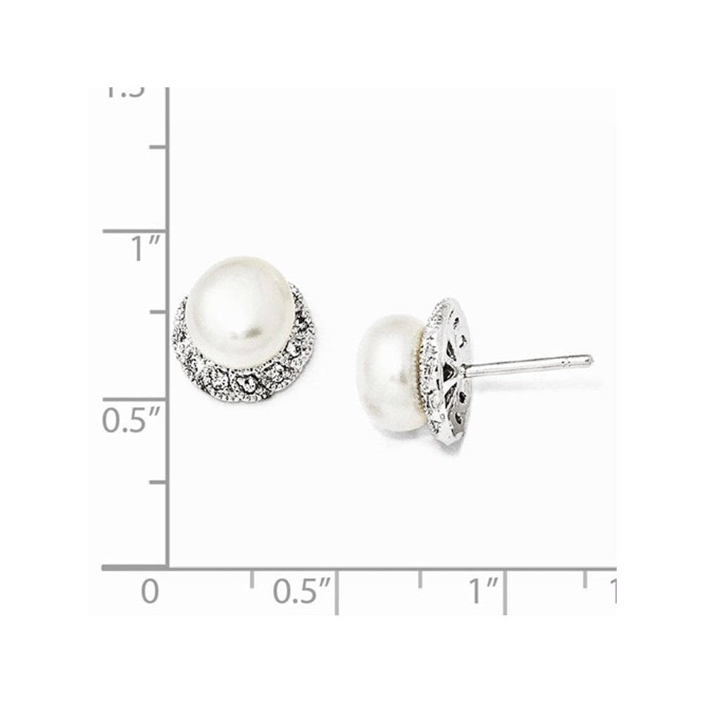 Freshwater Cultured White Pearl Earrings with Synthetic Cubic Zirconia (CZ) in Sterling Silver Image 3