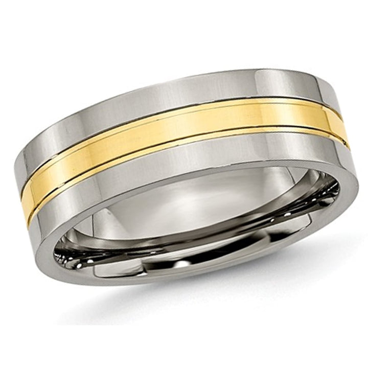 Mens Chisel 7mm Comfort Fit Titanium Polished Wedding Band Ring with Yellow Plating Image 1