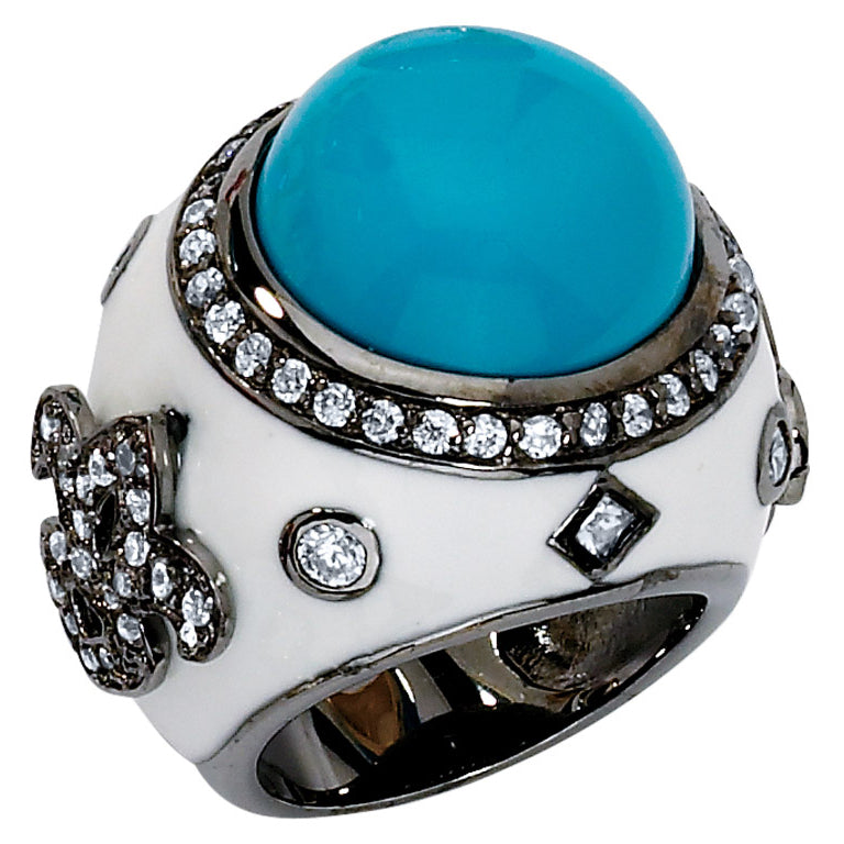 Sterling Silver Synthetic Turquoise Cocktail Fleur-De-Lys Ring with Synthetic Cubic Zirconia (CZ) (CZ) in Sterling Image 4