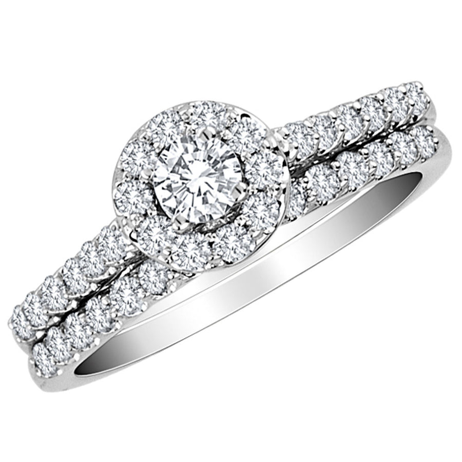 1.00 Carat (ctw H-II2-I3) Diamond Halo Engagement Ring and Wedding Band in 10K White Gold Image 1