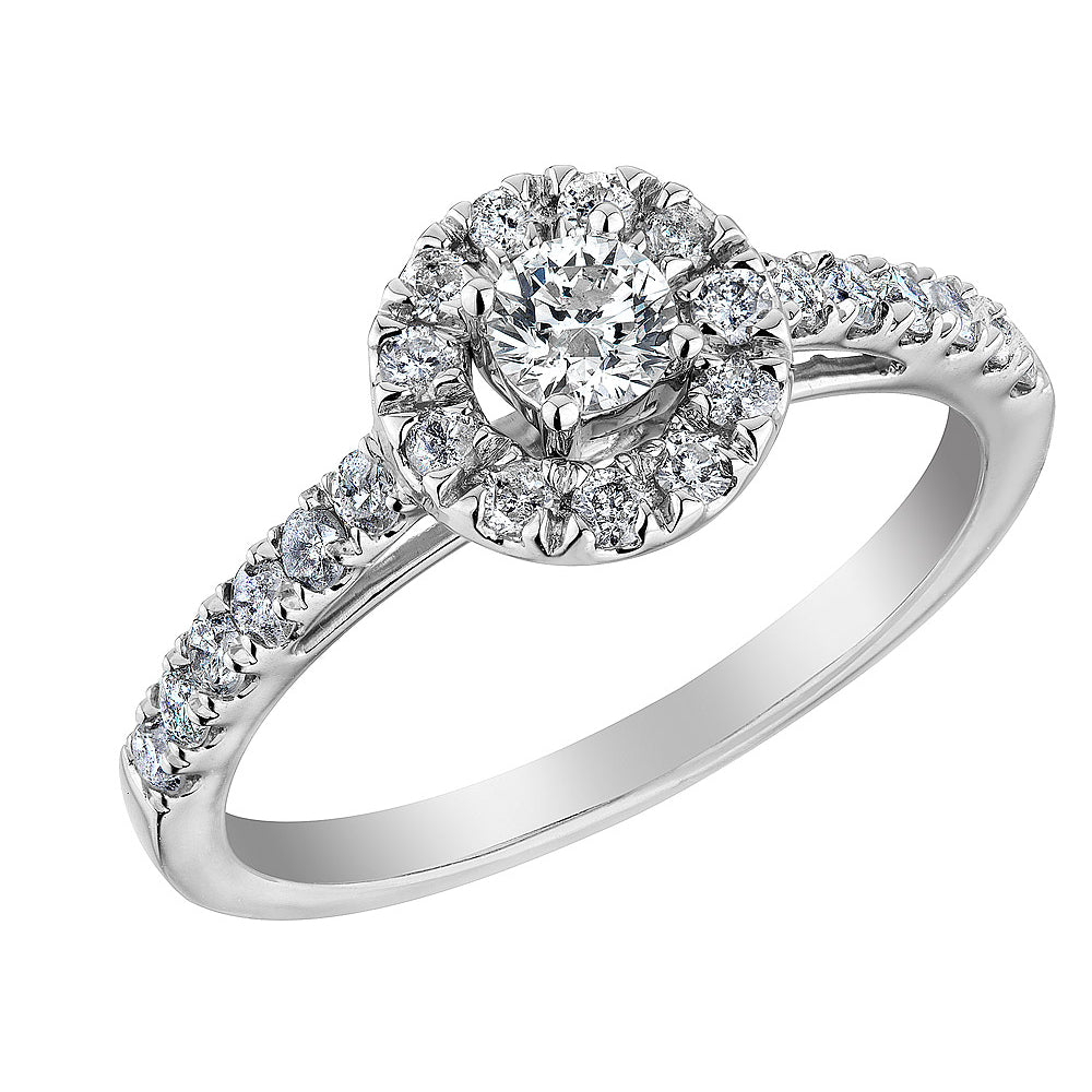 1.00 Carat (ctw H-II2-I3) Diamond Halo Engagement Ring and Wedding Band in 10K White Gold Image 2