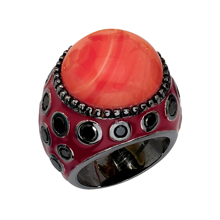 Red Enameled Sterling Silver With Synthetic Coral and Black Synthetic Cubic Zirconia (CZ)s Cocktail Ring with Cubic Image 4