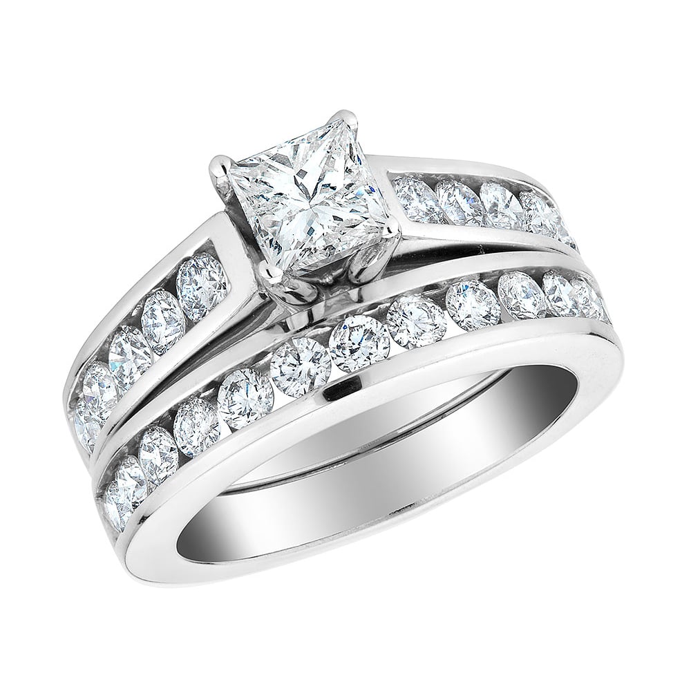 1.97 Carat (ctw H-I I1-I2) Princess Cut Diamond Engagement Ring and Wedding Band Set in 14K White Gold Image 1