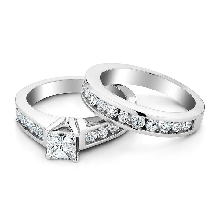 1.97 Carat (ctw H-I I1-I2) Princess Cut Diamond Engagement Ring and Wedding Band Set in 14K White Gold Image 2