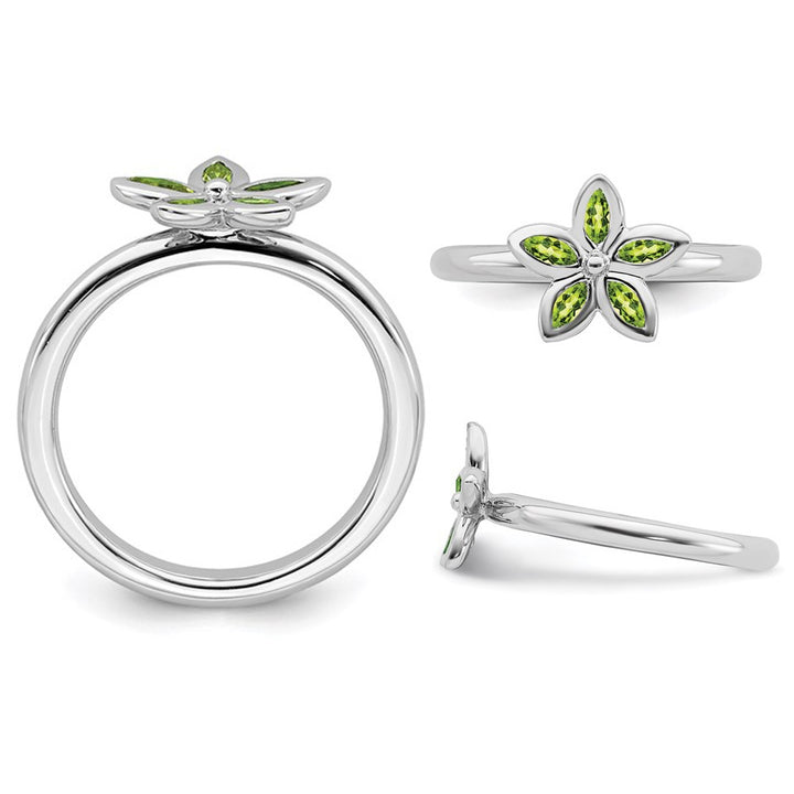 2/5 Carat (ctw) Green Peridot Flower Ring in Sterling Silver Image 3