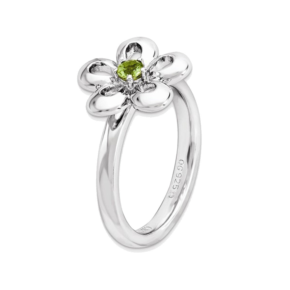 Green Peridot Flower Ring 1/10 Carat (ctw) in Sterling Silver Image 3