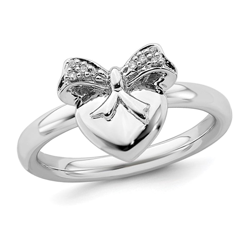 Heart and Bow Ribbon Ring with Diamond Accent in Sterling Silver Image 1