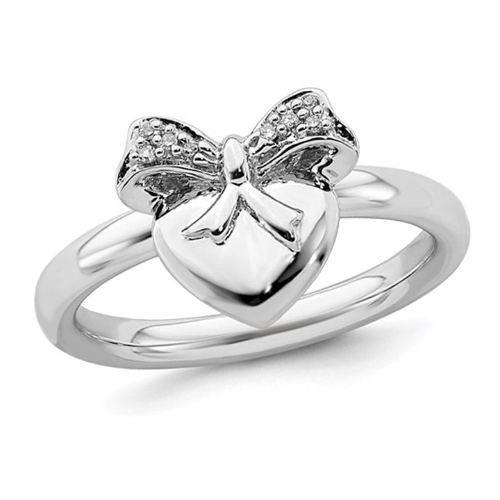 Heart and Bow Ribbon Ring with Diamond Accent in Sterling Silver Image 1