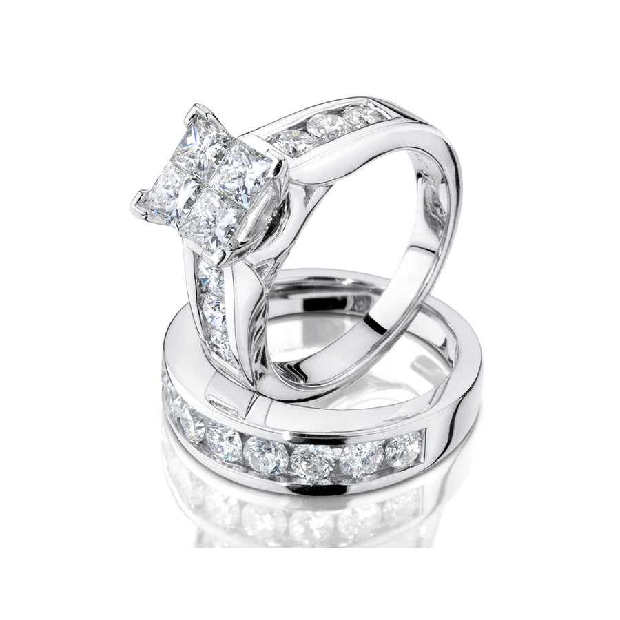 1.50 Carat (ctw H-II2-I3) Princess Cut Diamond Engagement Ring and Wedding Band Set in 14K White Gold Image 1