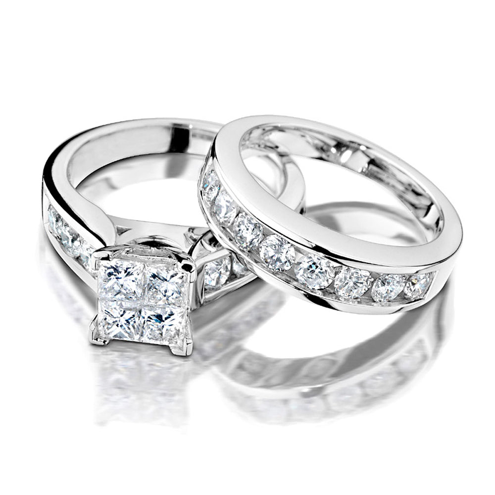 1.50 Carat (ctw H-II2-I3) Princess Cut Diamond Engagement Ring and Wedding Band Set in 14K White Gold Image 2