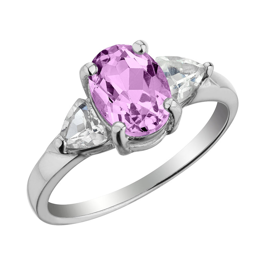 Three Stone Created Pink Sapphire and White Topaz Ring in Sterling Silver Image 1