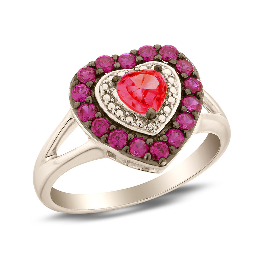 Lab Created Ruby and Pink Sapphire Heart Ring with Diamonds in Sterling Silver Image 1