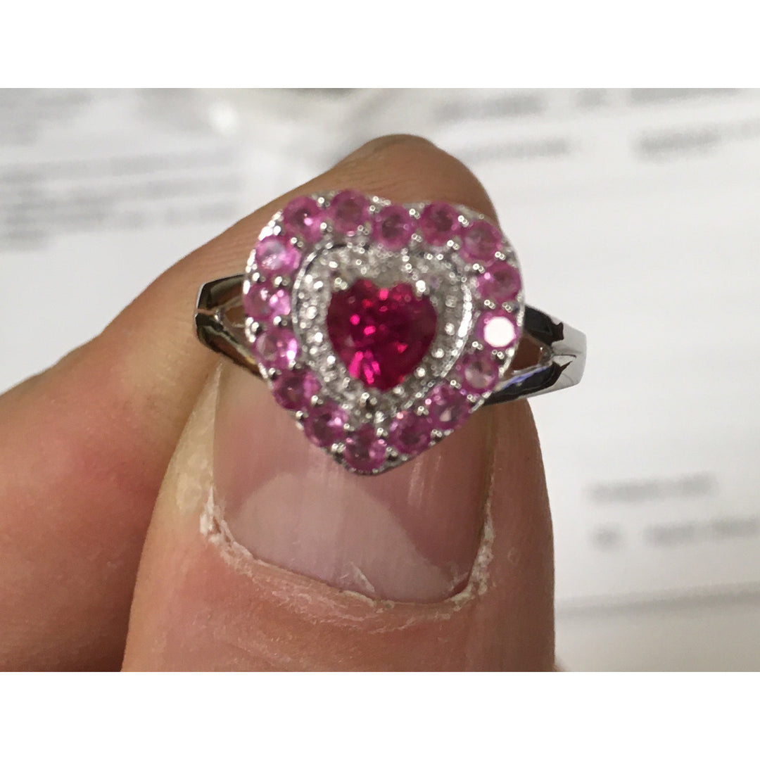 Lab Created Ruby and Pink Sapphire Heart Ring with Diamonds in Sterling Silver Image 3