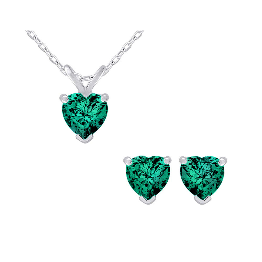 1.50 Carat (ctw) Lab-Created Emerald Heart Earrings and Pendant Set in Sterling Silver Image 1