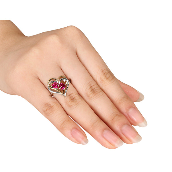1.10 Carat (ctw) Lab-Created Ruby Heart Ring with Diamonds in Sterling Silver with Yellow Plating Image 3
