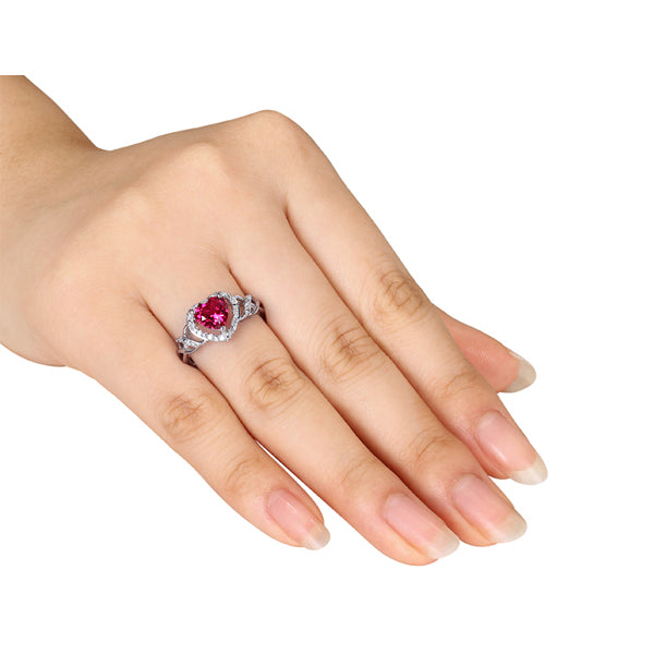 1.70 Carat (ctw) Lab-Created Ruby Heart Ring with Diamonds in Sterling Silver Image 3