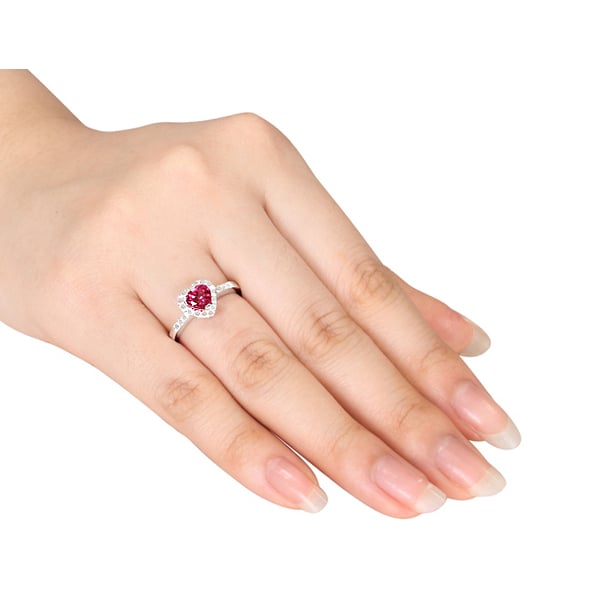 1.10 Carat (ctw) Lab-Created Ruby Heart Ring with Diamonds in Sterling Silver Image 2