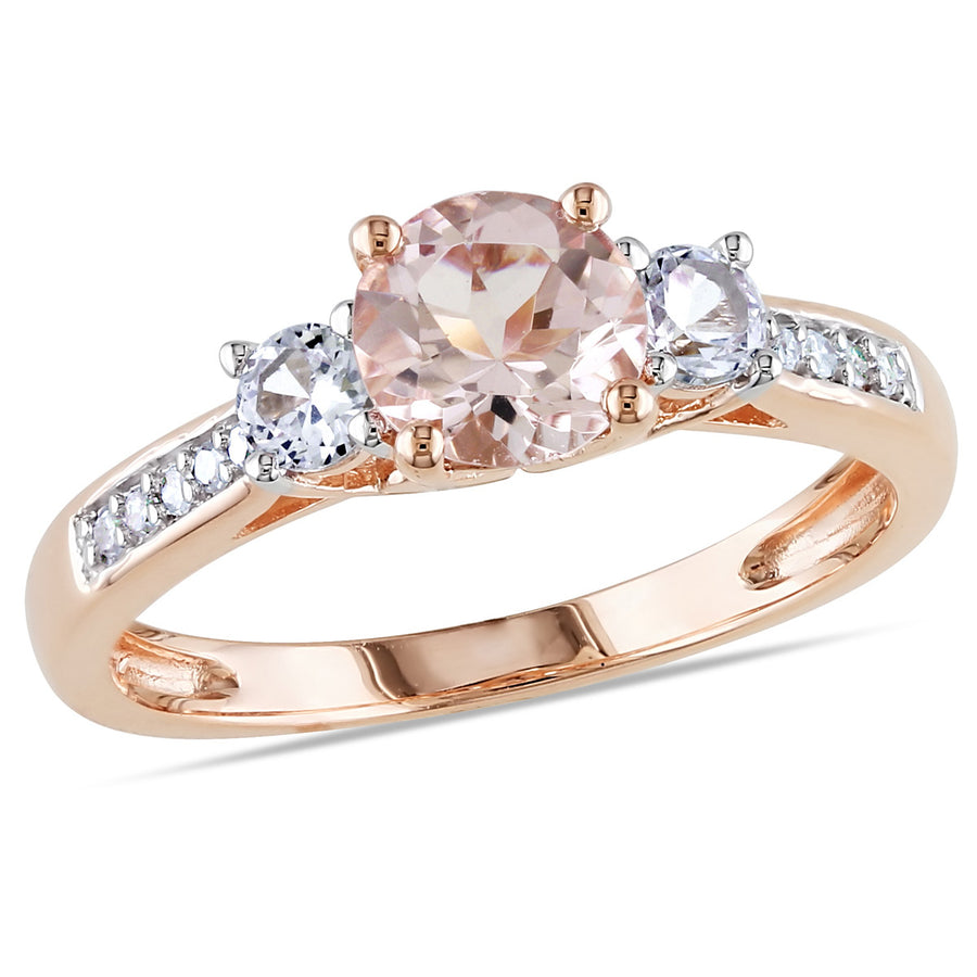 1.20 Carat (ctw) Morganite and Lab-Created White Sapphire Three Stone Ring with Diamonds in 10K Rose Pink Gold Image 1