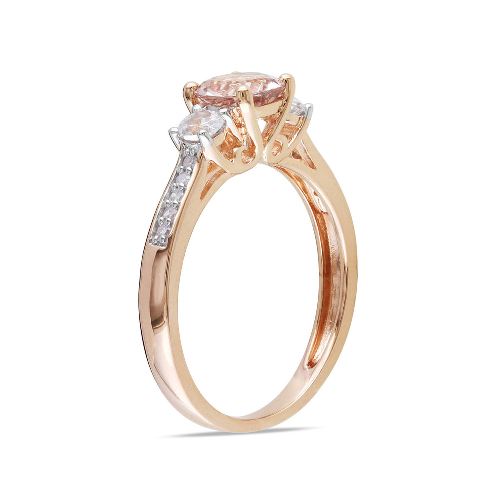 1.20 Carat (ctw) Morganite and Lab-Created White Sapphire Three Stone Ring with Diamonds in 10K Rose Pink Gold Image 2