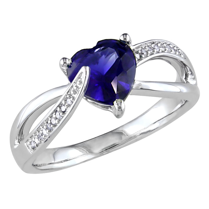 Created Blue Sapphire and Diamond Heart Ring 1.90 Carat (ctw) in Sterling Silver Image 1