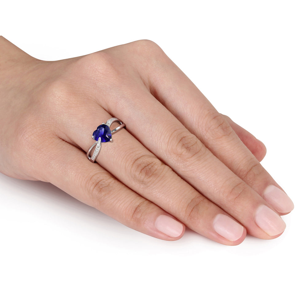 Created Blue Sapphire and Diamond Heart Ring 1.90 Carat (ctw) in Sterling Silver Image 3