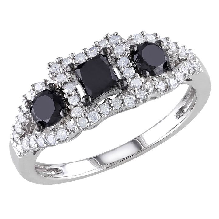 1.00 Carat (ctw) Black and White Three-Stone Diamond Ring in 10k White Gold Image 1