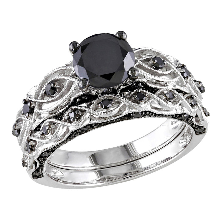 1.39 Carat (ctw) Black Diamond Engagement Ring and Wedding Band Set in 10K White Gold Image 1