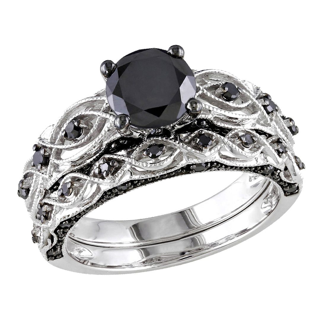 1.39 Carat (ctw) Black Diamond Engagement Ring and Wedding Band Set in 10K White Gold Image 6