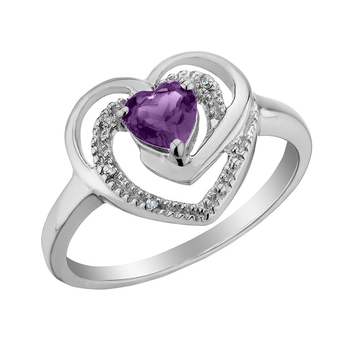 1/3 Carat (ctw) Amethyst Heart Ring with Accent Diamonds in Sterling Silver Image 1