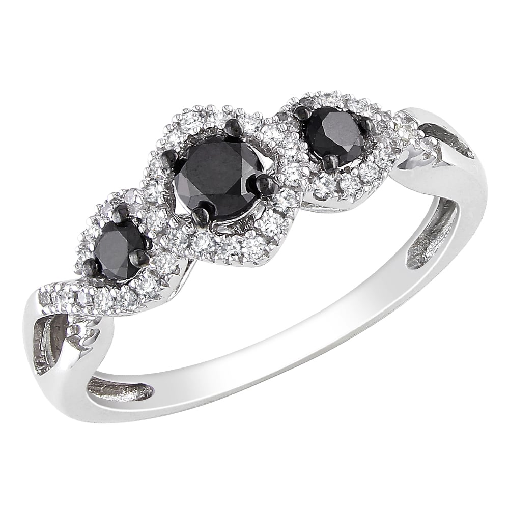 1/2 Carat (ctw) Black and White Diamond Three-Stone Ring in 10k White Gold Image 1