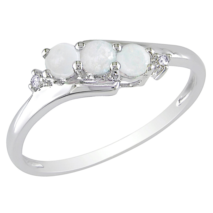 Three Stone Created Opal and Diamond Ring 1/4 Carat (ctw) in 10K White Gold Image 1