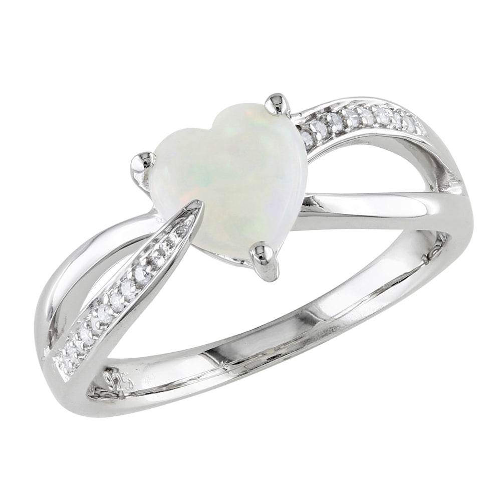 1.00 Carat (ctw) Opal Heart Ring with Diamonds in Sterling Silver Image 1