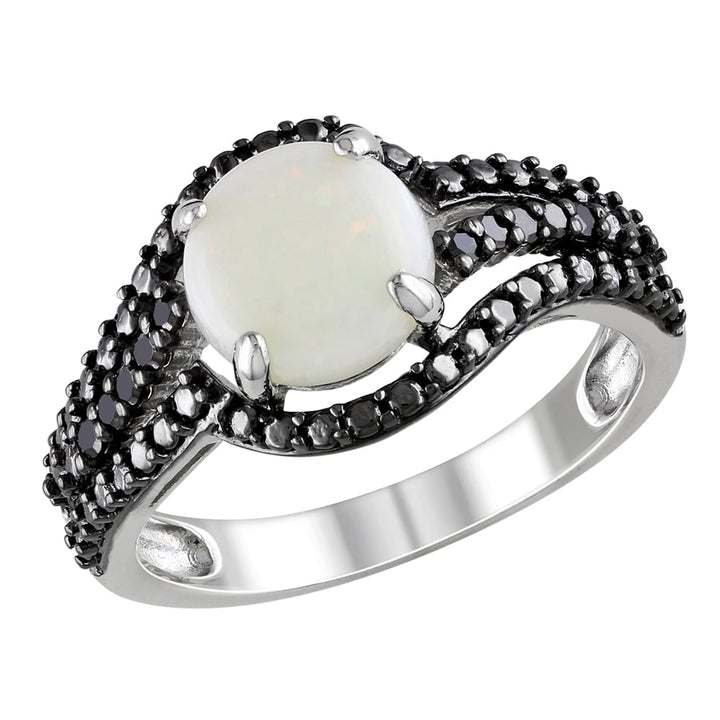 Opal 1.35 Carat (ctw) Ring with Black Diamond in Sterling Silver Image 1