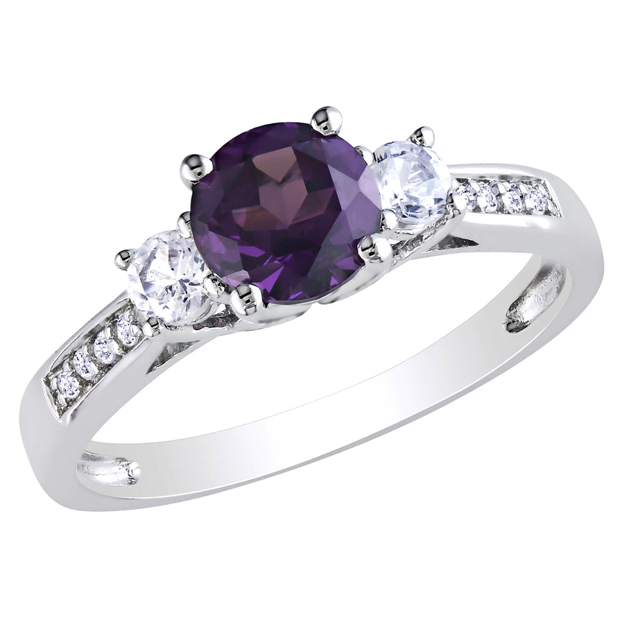 1.35 Carat (ctw) Lab-Created Alexandrite and Created White Sapphire Three-Stone Ring in 10K White Gold with Diamonds Image 1