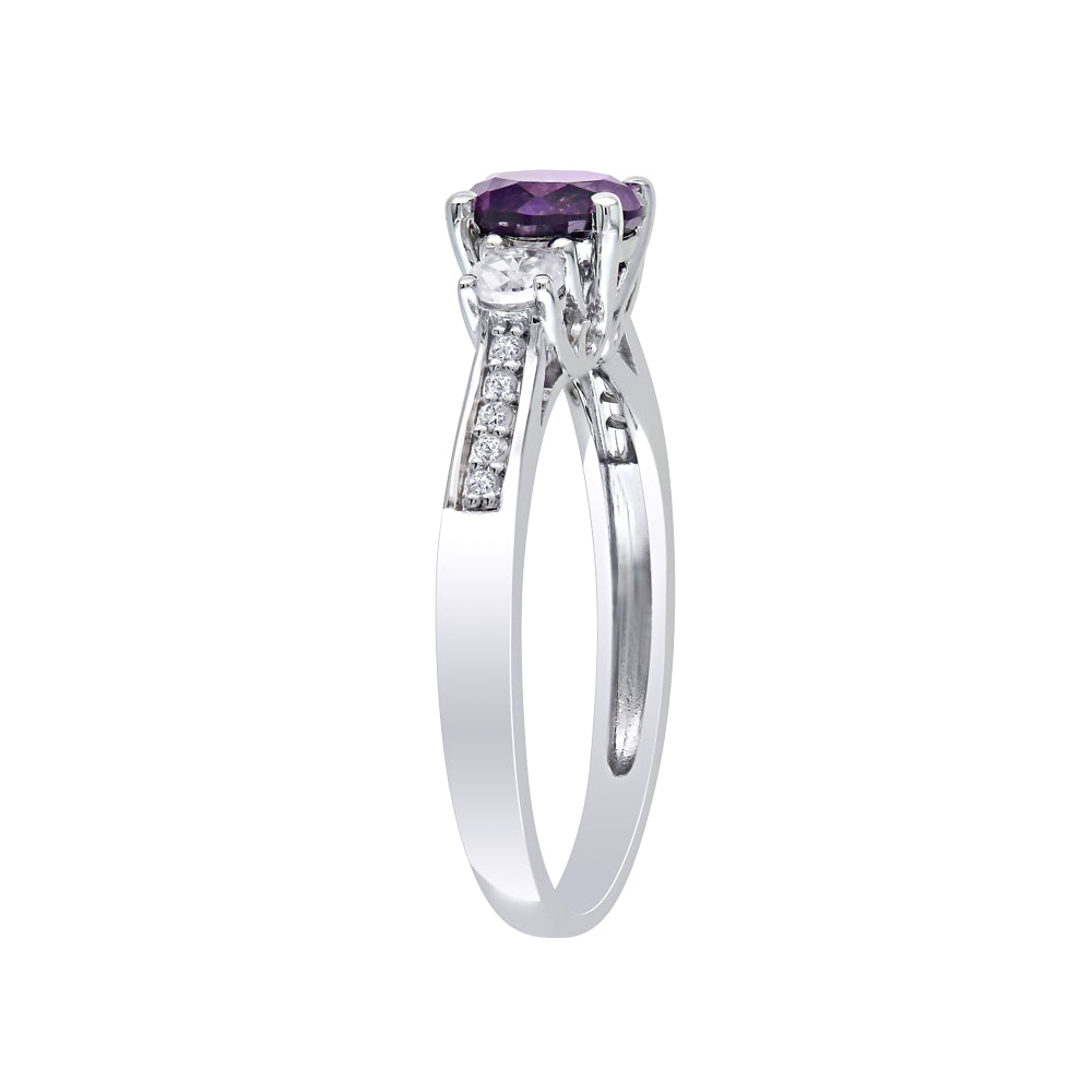 1.35 Carat (ctw) Lab-Created Alexandrite and Created White Sapphire Three-Stone Ring in 10K White Gold with Diamonds Image 2