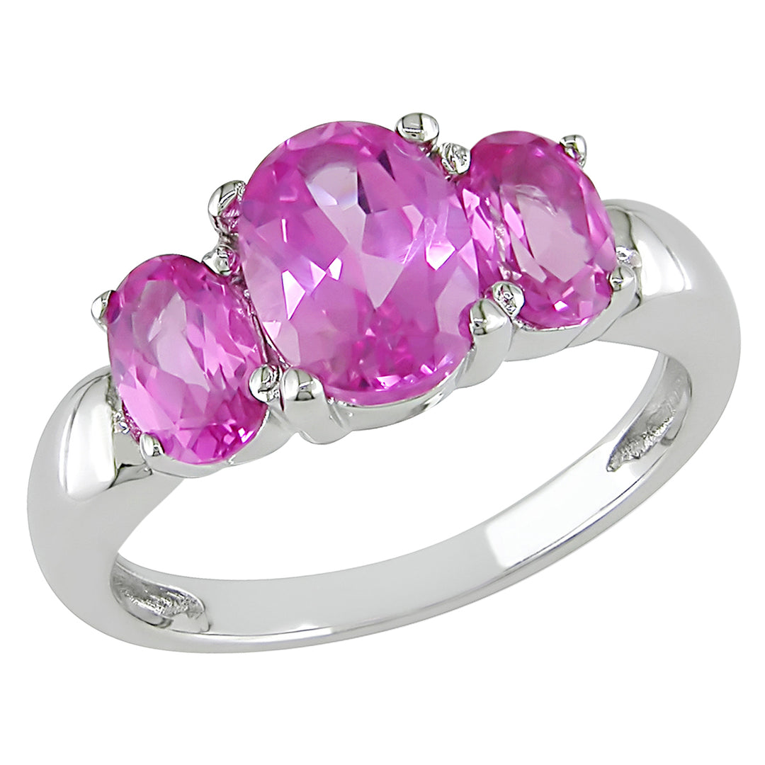 5.00 Carat (ctw) Lab-Created Pink Sapphire Three-stone Ring in Sterling Silver Image 1