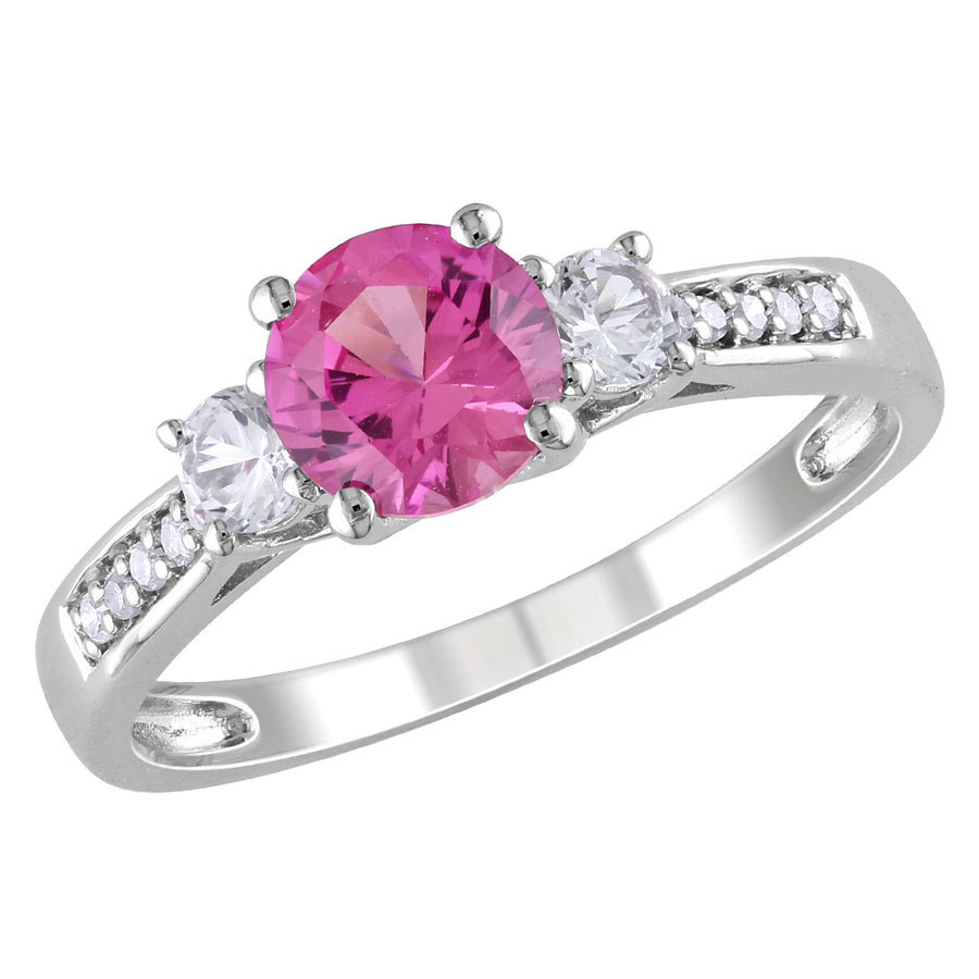 1.40 Carat (ctw) Lab-Created Pink and White Sapphire Three Stone Ring with Diamonds in 10k White Gold Image 1