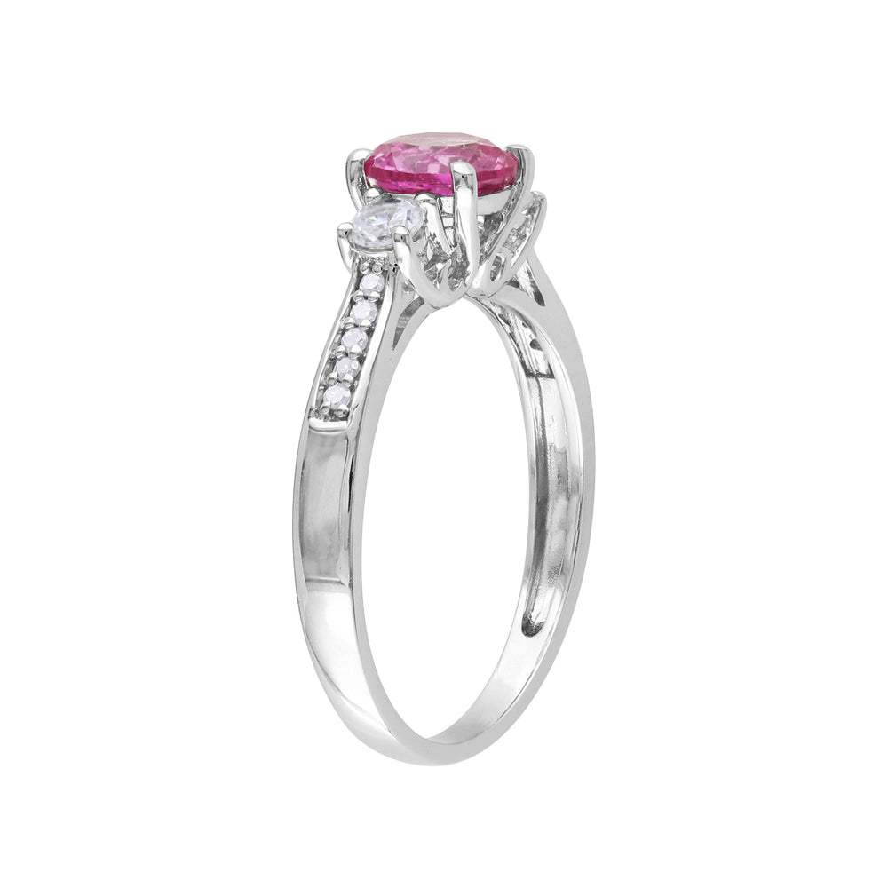 1.40 Carat (ctw) Lab-Created Pink and White Sapphire Three Stone Ring with Diamonds in 10k White Gold Image 2