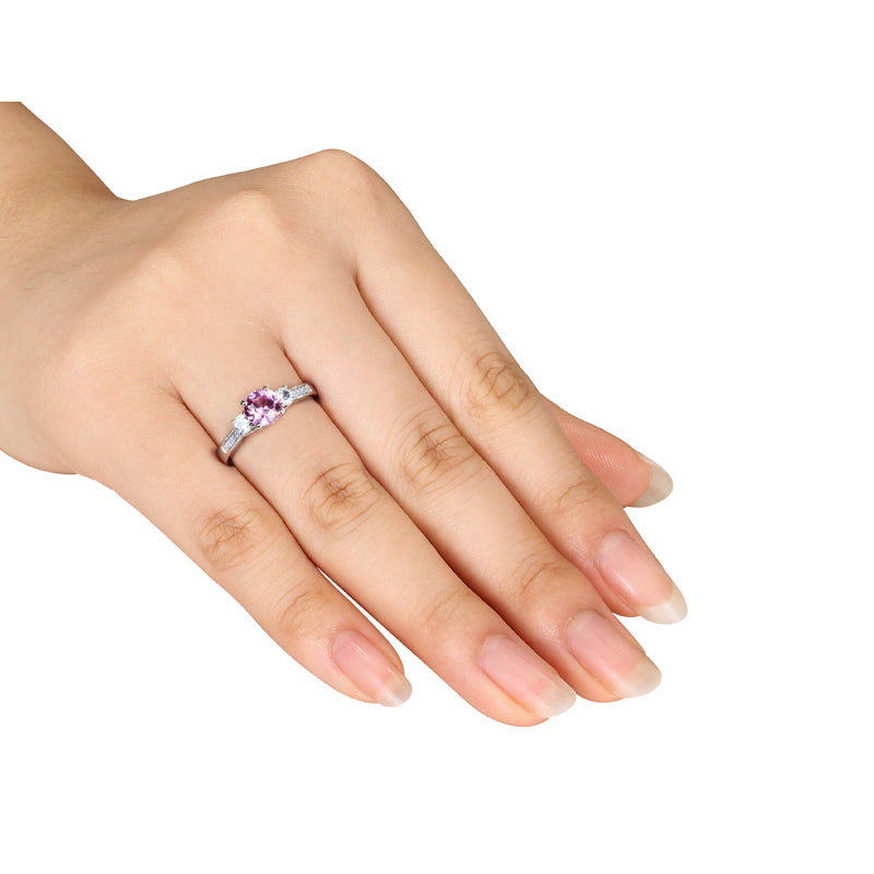 1.40 Carat (ctw) Lab-Created Pink and White Sapphire Three Stone Ring with Diamonds in 10k White Gold Image 3