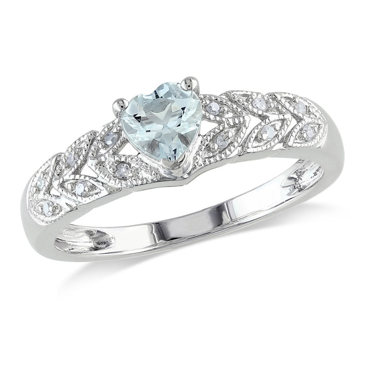 2/5 Carat (ctw) Aquamarine Heart Ring in Sterling Silver with Accent Diamonds Image 1