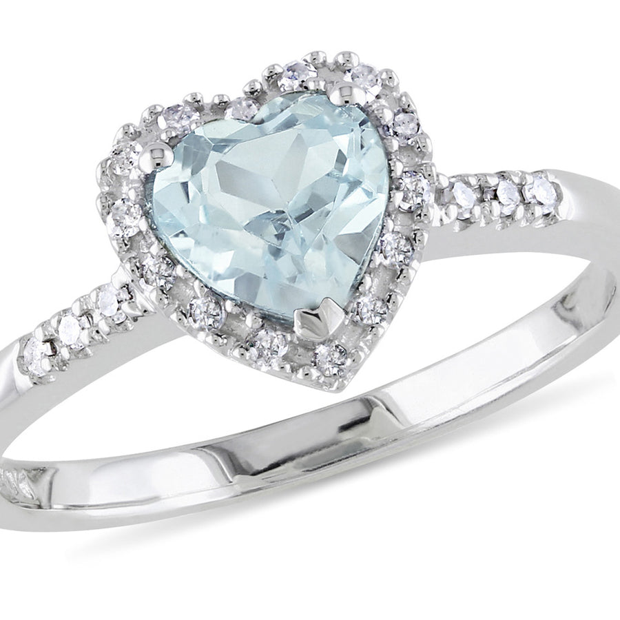 3/4 Carat (ctw) Light Aquamarine Heart Ring with Diamonds in Sterling Silver Image 1