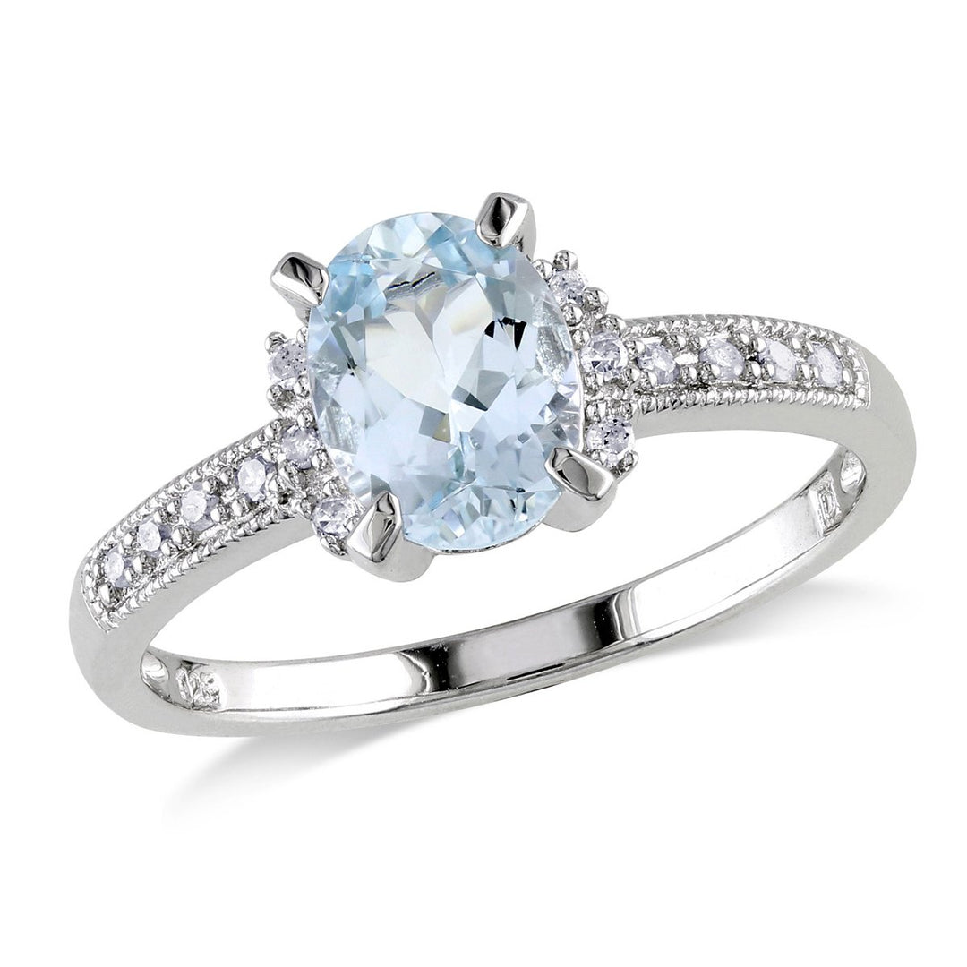 1.00 Carat (ctw) LIght Aquamarine Ring with Diamonds in Sterling Silver Image 1