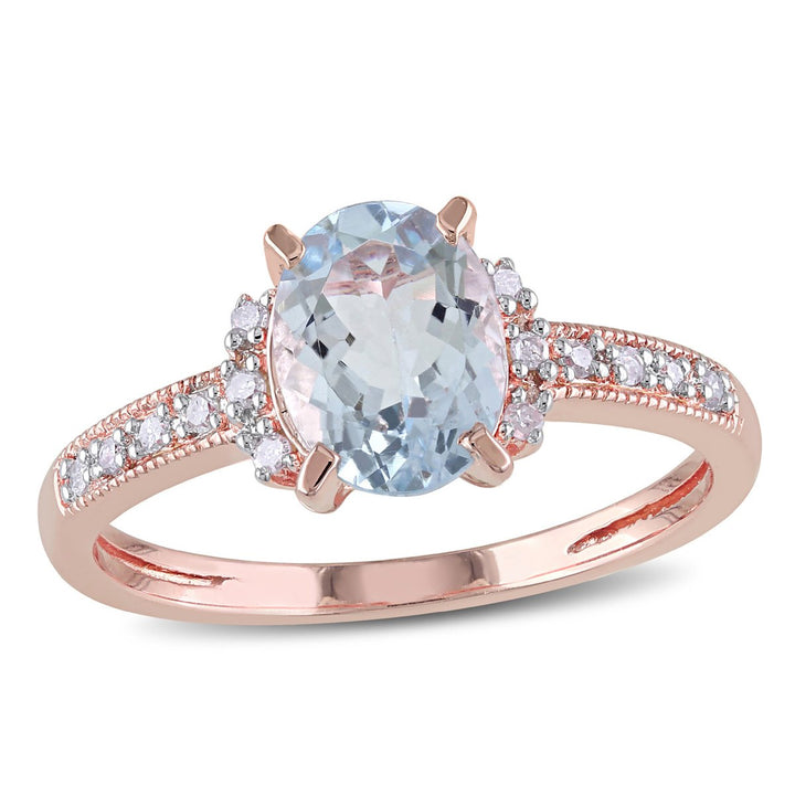 1.00 Carat (ctw) Aquamarine Ring with Diamonds in Rose Plated Sterling Silver Image 1