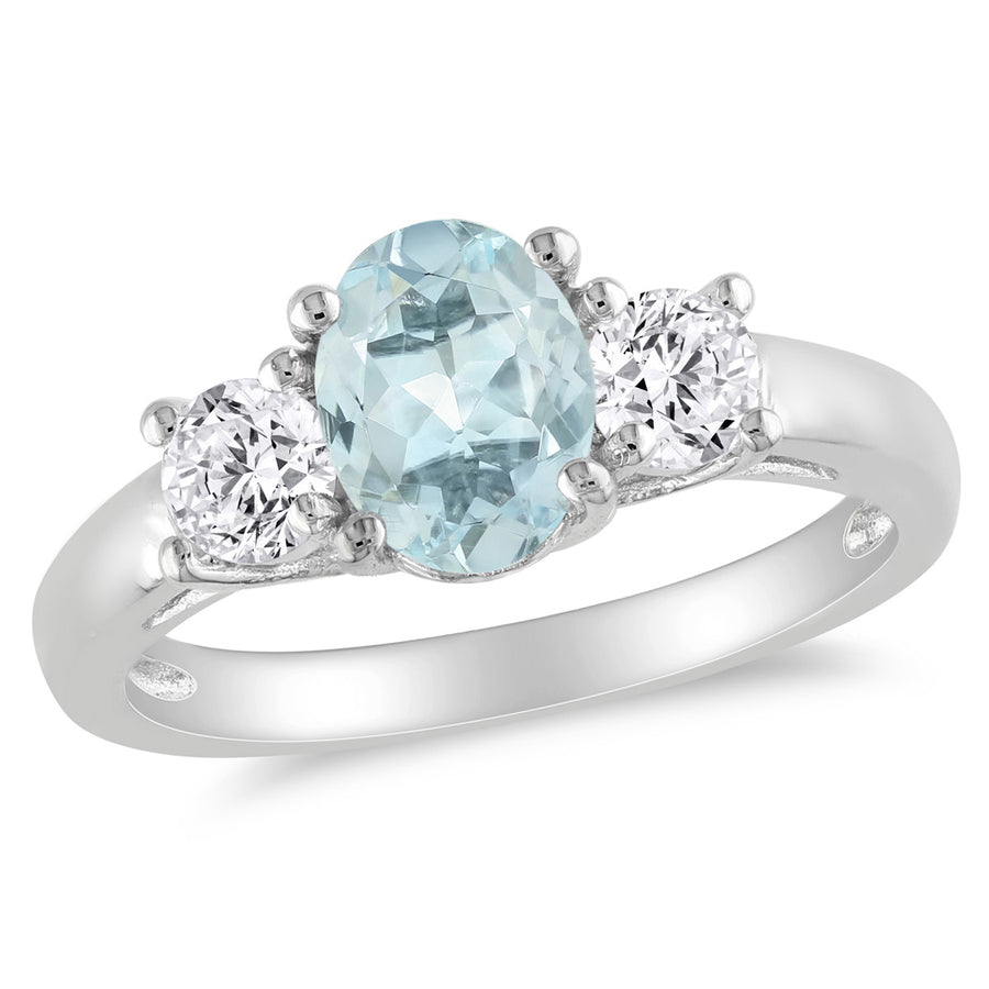 1.60 Carat (ctw)  Aquamarine and Lab-Created White Sapphire Three-Stone Ring Sterling Silver Image 1