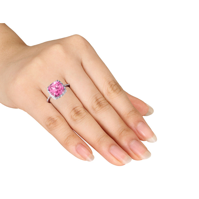 5.80 Carat (ctw) Lab-Created Pink Sapphire Ring with Accent Diamonds in Sterling Silver Image 3