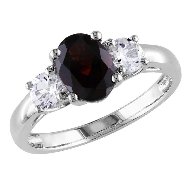 2.00 Carat (ctw) Garnet and Lab-Created White Sapphire Three Stone Ring in Sterling Silver Image 1