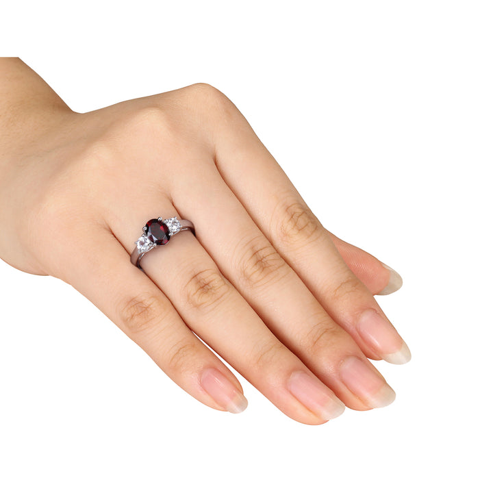 2.00 Carat (ctw) Garnet and Lab-Created White Sapphire Three Stone Ring in Sterling Silver Image 3