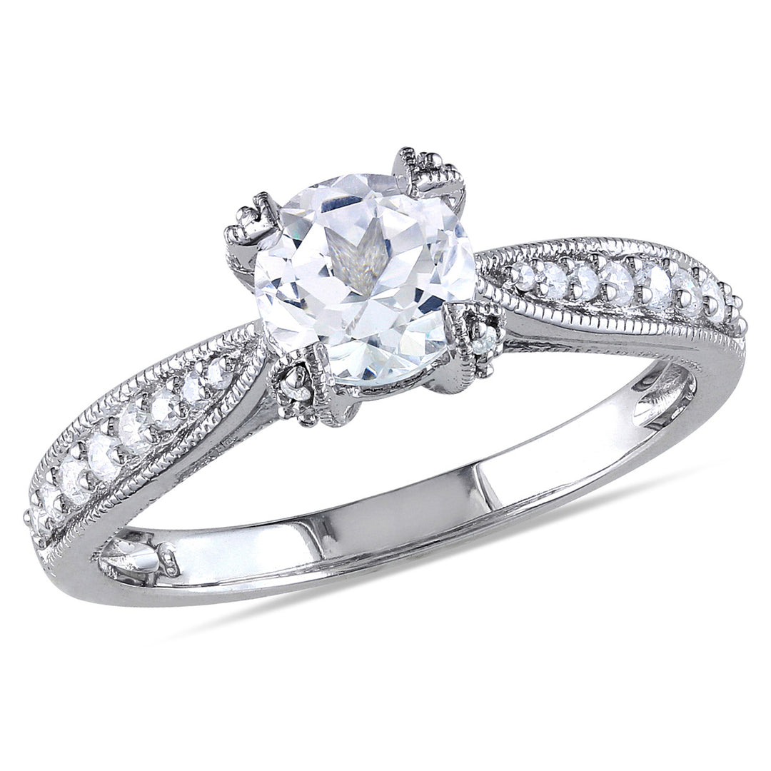 Created White Sapphire 1.00 Carat (ctw) Engagement Ring with Diamonds in Sterling Silver Image 1