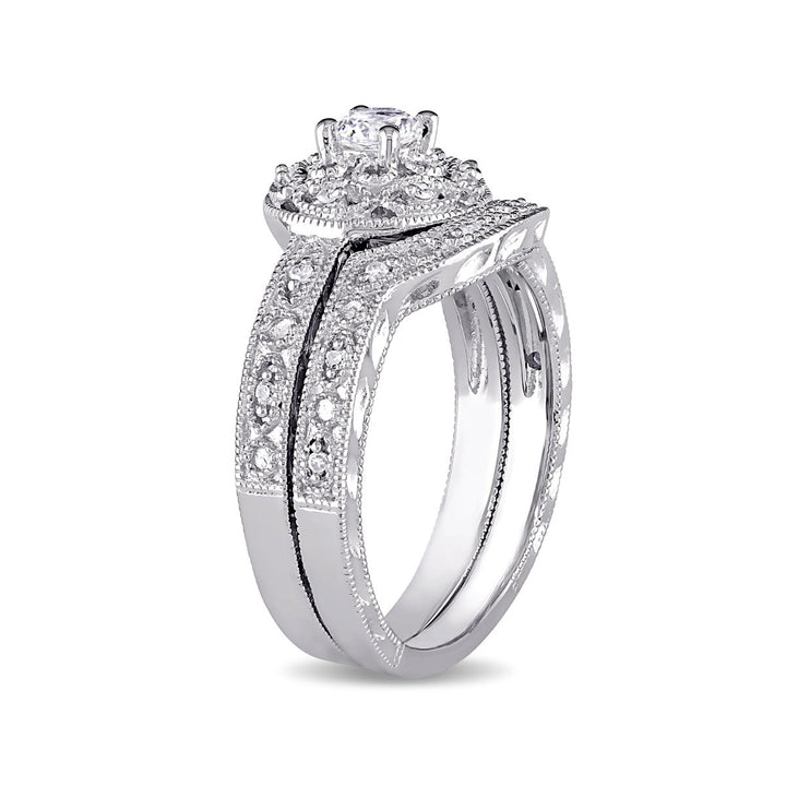 1/3 Carat (ctw) Lab-Created White Sapphire Bridal Engagement Ring and Wedding Band Set with Diamonds in Sterling Silver Image 2